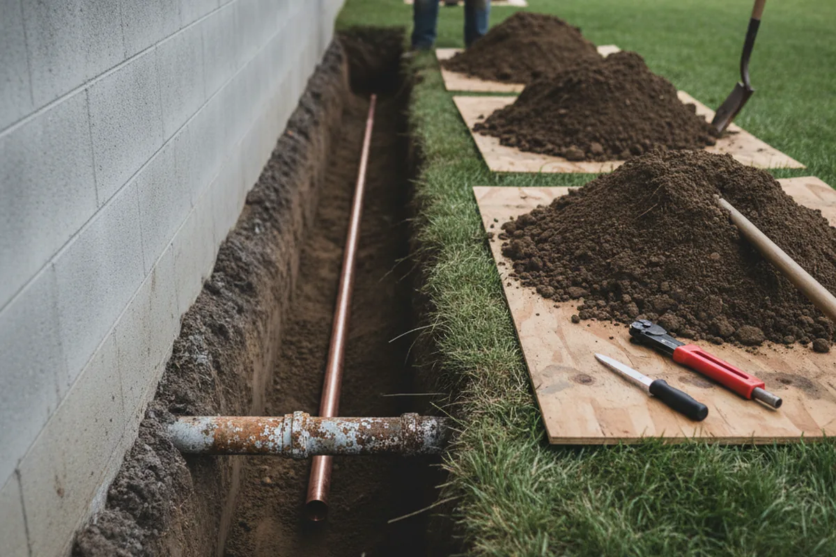 Excavated water line trench during Water Heater Repair in West Townsend